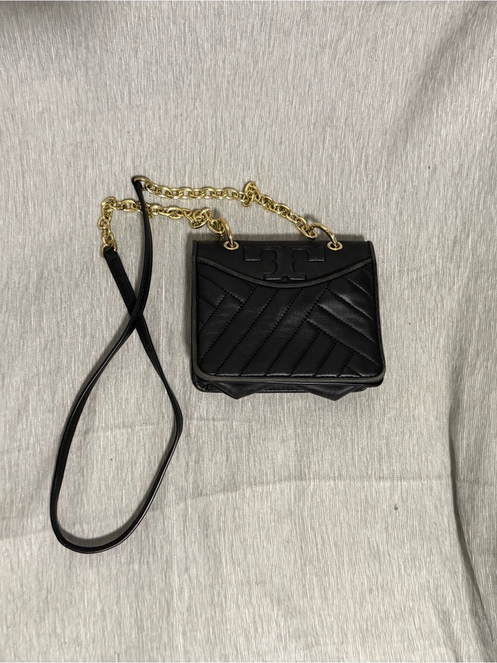 Tory Burch Black Quilted Leather Mini Crossbody with Gold Chain